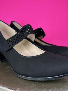 Hassia Florenz Black Suede Swarovski Crystal Strap Heeled Mary Jane Pump UK 5